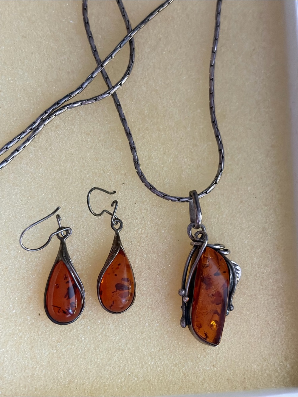 Amber Teardrop Necklace & Earring Set - Brown Amber Pendant Jewelry